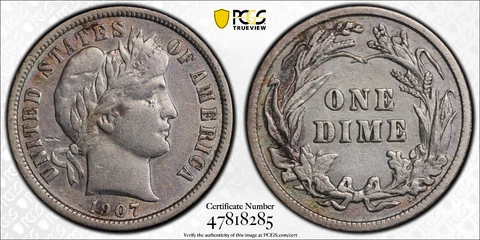 1907 Lightly TONED Barber Silver Dime 10c PCGS VF Detail Gold Shield & TrueView Cover