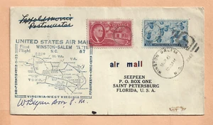 FIRST FLIGHT AM 87 WINSTON SALEM N.C TO NEW BERN MAR 6,1948 SEEPEEN - Picture 1 of 1