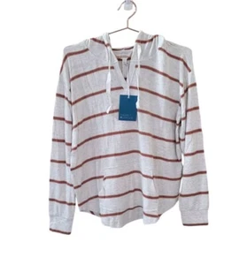 New MARKET & SPRUCE L Ivory Multi Stripe Soft Pocket Hooded Shirt Women - Picture 1 of 12
