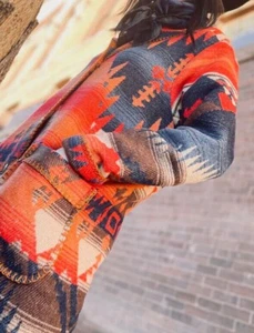 RHONDA STARK "TONTO" 42" STROLLER COAT NATIVE AMERICAN BLANKET CONCHO BUTTONS - Picture 1 of 5
