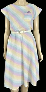 Abito vintage anni 70 pastello arcobaleno chevron a righe tasca quadrato cotone linea A S - Foto 1 di 6