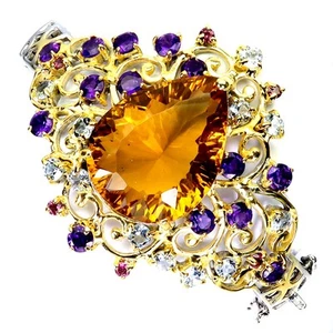 925 Sterling Silver Bangle Citrine 58.7ct Amethyst Aquamarine Gemstone Handmade - Picture 1 of 14