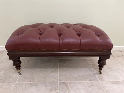 Hancock & Moore Red Tufted Leather Large Ottoman On Casters - Image 1 of 4