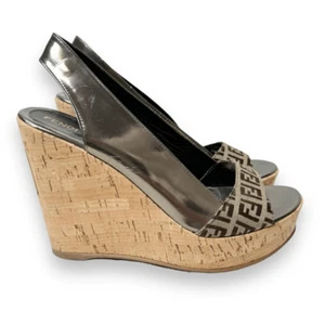 Fendi Metallic/Brown Zucca Canvas & Patent Leather Wedge Sandals Women’s Size 40 - Picture 1 of 11