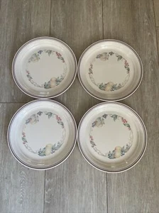 Vintage Corelle Corning Abundance DINNER PLATES Fruit Maroon Blue Stripe Set 4 - Picture 1 of 16