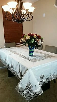 Beige Ivory 70" Square Embroidered Cutwork Polyester Tablecloth Table Napkins - Image 1 of 4