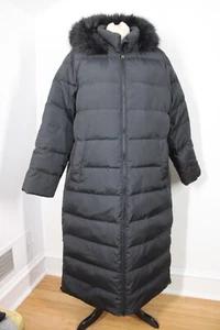 Lands End XLP Black Long Down Puffer Maxi Coat Faux Fur Hood 502699 - Picture 1 of 14