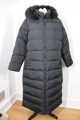 Lands End XLP Black Long Down Puffer Maxi Coat Faux Fur Hood 502699 - Image 1 of 4
