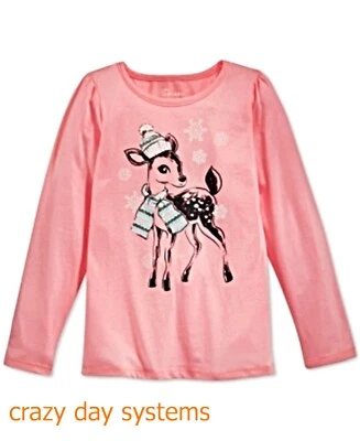 Little Deer Long Sleeve Tee Pink Shirt Sparkle Snow Flakes Size 5, 6 Girls NWT - Image 1 of 3