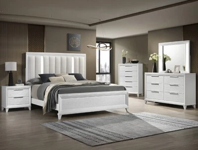 NUEVO Moderno Juego de Dormitorio LED Blanco Queen King 4 Piezas Muebles Contemporáneos Cama/D/M/N Foto 1 de 4
