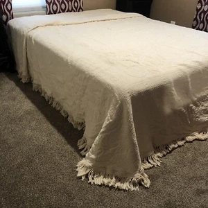 Bates By Maine Heritage Weavers Bedspread Queen Matelassé Cream Beige Fringed - Picture 1 of 17
