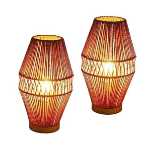 Boho Rattan Table Lamps, Handmade Boho Bedside Lamp, Small Desktop 2 Pack - Picture 1 of 8