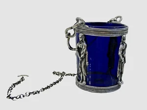 RARA LAMPADA VEGLIA ICONA ARGENTO 18 secolo LAMPADA VETRO BLU FODERA sterling - Foto 1 di 12