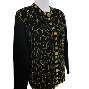 Victoria Harbour Petite PM Black Cardigan Sweater Gold Bead Embroidery Buttons - Picture 1 of 9