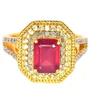 925 STERLING SILVER BLOOD RED RUBY OCTAGON 14K YEELOW GOLD PLATED RING SIZE 8 - Picture 1 of 9
