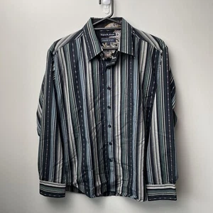 David Smith Shirt Mens Large Navy Blue Grey Striped Long Sleeve Button Up Casual - Picture 1 of 9
