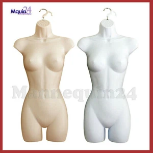 FLESH & WHITE FEMALE MANNEQUIN TORSO DRESS FORMS SET + HANGING HOOKS - Picture 1 of 5
