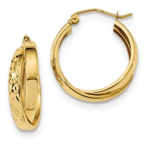 14k 14kt Yellow Gold Polished & Diamond Cut Twist Hoop Earrings 21.8mm X 20.1mm - Picture 1 of 2