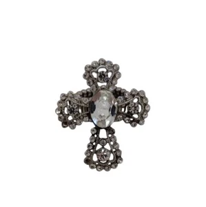 Vintage-Style Silver-Tone Cross Adjustable Stretch Ring With Rhinestones - Picture 1 of 5