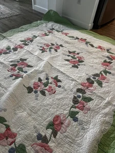 Vintage Queen Blumenapplikation handgenäht handgesteppt gewellter Rand QUILT 88x101 - Bild 1 von 18