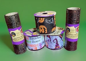 Halloween Wire-Edged Ribbon Lot Of 3 2.5" X 9' & Sparkle Mesh Lot Of 2 NEW - Picture 1 of 6