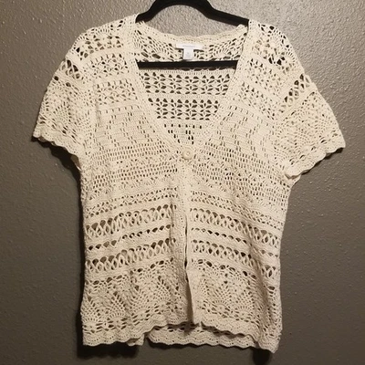 Dress Barn XL Cardigan 100% Cotton Biege Crochet Boho Festival Cottagecore  - Image 1 of 4