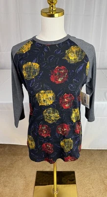 LuLaRoe Randy Unisex S Gray/Red/Black Floral Raglan T-Shirt NWT ¾ Sleeve - Image 1 of 4