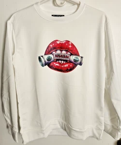 Pullover Cyber Wear manga larga más de 100 dólares labios blanco grande unisex - Imagen 1 de 3