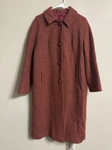 Harris Tweed Scottish Wool Coat Womens Size Large/ XL Red Houndstooth Vintage - Picture 1 of 10