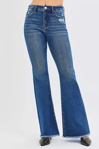 RISEN High Rise Waist Raw Hem Distressed Details Dark Washed Flare Denim Jeans - Picture 1 of 7