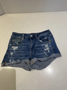 Pantaloncini corti American Eagle Hi Rise in denim con polsini taglia 4 super elasticizzati invecchiati - Foto 1 di 8