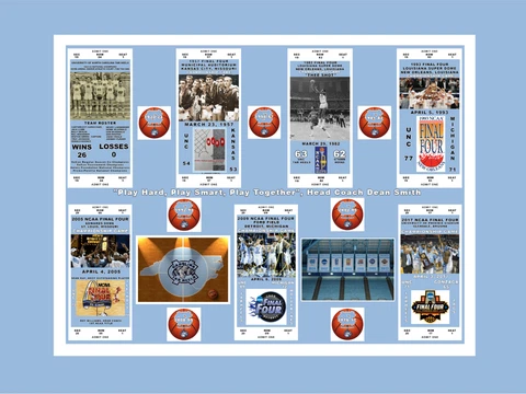 UNC TAR HEEL MATTED COLLAGE PIC SHOWING 7 TITLES COMMEMORATIVE TIX@FINAL 4 LOGOS Cover