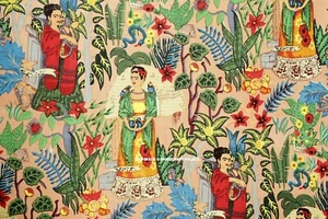Indian Handmade Cotton Fabric Summer Dresses in Frida Kahlo Print Boho Fabric - Picture 1 of 4