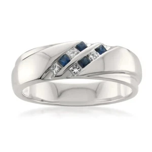10K White Gold With Simulated Sapphire & Moissanite Wedding Band For Men's - Picture 1 of 6