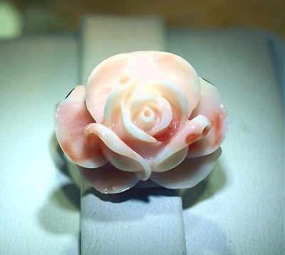 ANILLO GRANDE DE ORO AMARILLO SÓLIDO DE 14K TALLADO A MANO ROSA CORAL DEL PACÍFICO FLOR ROSA #4 Foto 1 de 4