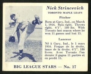 1950 V362 WORLD WIDE GUM ~ BIG LEAGUE STARS ~ #17 ~ NICK STRINCEVICH ~ TORONTO