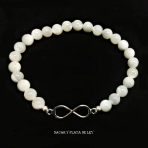 PULSERA INFINITO PLATA de LEY 925 y NÁCAR Natural. ref.F04. Nueva y Bolsa tela - Imagen 1 de 3