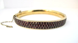 Antique Victorian Rose Cut Bohemian Garnet Three Row Hinged Bangle Bracelet - Picture 1 of 6