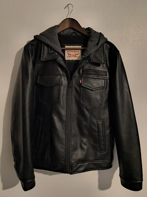 Levi’s Men’s Hooded Black Leather Jacket Sherpa Lined Sz M Faux Fur - Image 1 of 4