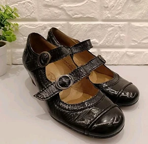 Womens Fly Girl London Black Patent Leather Double Buckle Wedge Shoes Size 6 39 - Picture 1 of 14
