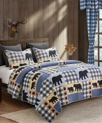 Black Bear Plaid Queen Full Printed Primitive 3pc Quilt Set Virah Bella - Image 1 of 4