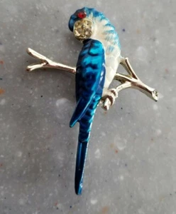 Vintage Silver Tone Parrot On Branch Pin Brooch Blue & White Enamel Rhinestones - Picture 1 of 7