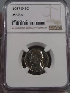 BU GEM 1957-d Jefferson Nickel NGC MS66. #35 - Picture 1 of 7