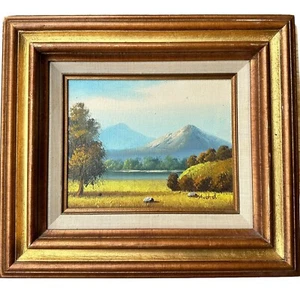 Vintage Original Ölgemälde Landschaft Berge Bäume See Szene 15" x 17" signiert - Bild 1 von 10