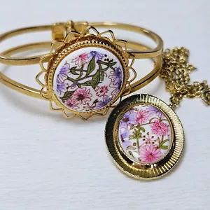Pulsera Pinza Floral Rosa Púrpura Collar Colgante Cadena A Juego Tono Dorado - Imagen 1 de 5