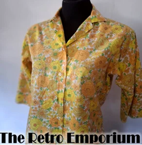 Lady ARROW RETRO 1970s Floral Yellow COTTON Shirt size 14 Preloved Vintage Shirt - Picture 1 of 12
