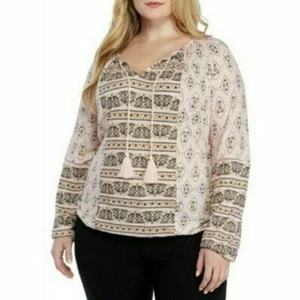 ND Pink Linen Blend Tie Neck Long Sleeve Cinch Bottom Blouse Shirt Plus Size 1X - Picture 1 of 6