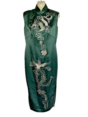 Cheongsam Qipao Vintage Dress Hand Beaded + Sequin Hourglass Shape Dragon - Image 1 of 4