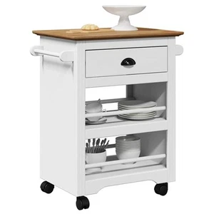 Carrito de cocina blanco y marrón, madera maciza de pino y metal, 67,5x45x80 cm, 4 ruedas - Imagen 1 de 5