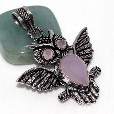 925 Silver Plated-Pink Chalcedony Ethnic Owi Gemstone Pendant Jewelry 2" GW - image 1 of 3